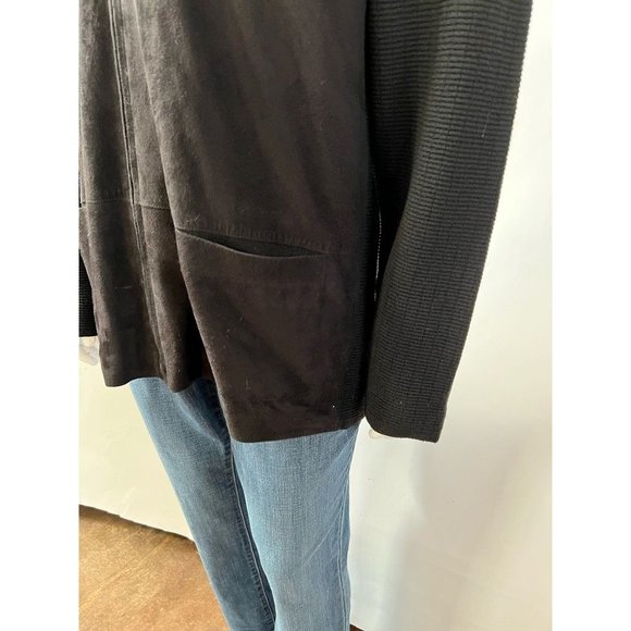 Jhane Barnes Mens Sweater Coat Black Pockets Collared Front Zipper Leather 42 - Picture 9 of 12